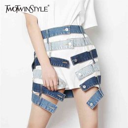 TWOTWINSTYLE Hollow Out Denim Skirt For Women High Waist Hit Colour Patchwork Pocket Casual Skirts Female Fashion Clothing 210708