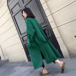 Women's Wool & Blends Long Autumn And Winter Fashion Woolen Overcoat Loose Plus Cotton Size Coat Female Belt Green