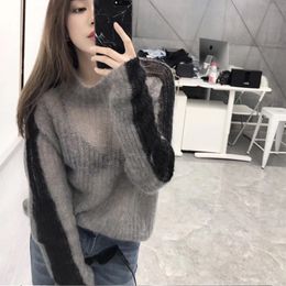 Autumn Thin Sweater Women High Neck Patchwork Grey Knitted Pullover Transparent Pull Femme Fashion 210427