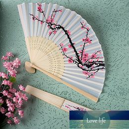 1 Pcs Chinese Bamboo Folding Fans Elegant Plum Blossom Flower Print White Polyester Fans Wedding Christmas Party