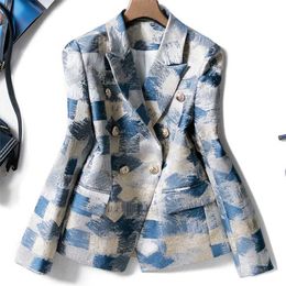 Brand Unique Designing Runway Women Notched Double Breasted Plaid Graffiti Printing Autumn Casual Blazer Jacket 211019