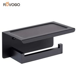 ROVOGO Toilet Paper Holder with Shelf, Stainless Steel Roll Wall Mounted, Bathroom Hardware Set (Matte Black) 210709