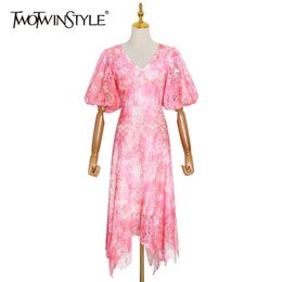 Hollow Out Pink Dress For Women V Neck Short Puff Sleeve High Waist Irregular Hem Party Dresses Female Fashion 210520