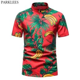 Fashion Banana Print Hawaiian Shirt Men Short Sleeve Baggy Cotton Linen Beach Shirts Mens Stand Collar Button Top Shirt Chemise 210522