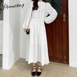 Yitimuceng Midi Dresses for Women Korean Fashion Oversized Ruched Dress Long Lantern Sleeve White Beige Spring Summer 210601