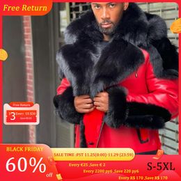 Men's Fur & Faux Leather Winter Jacket Thicken Velvet Collar Hooded Zipper Colour Block Patchwork Fashion Red Men