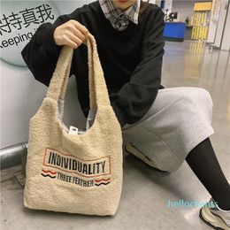 Cross Body Women Lamb Like Fabric Shoulder Bag Simple Canvas Handbag Tote Large Capacity Letter Embroidery Shopping Bags For 2021