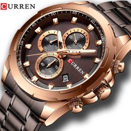 Curren New Mens Watches Fashion Casual Stainless Steel Band Chronograph Quartz Watch Men Date Sport Military Male Clock 8354 Q0524