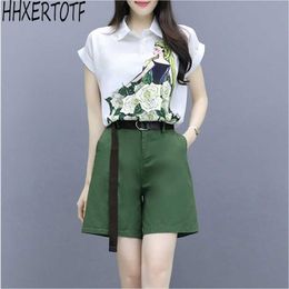 summer fashion temperament women's turn down collar printed chiffon shirt+ shorts two-piece sets 210531