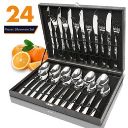 24PCS Cutlery Set Steel Dinner Set Silverware Wood Box Stainless Steel Mirror Polishing Sets Tableware Flatware Dinnerware Gift 210317