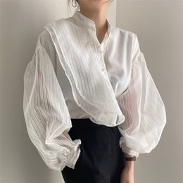 Korobov Korean Chic Long Sleeve Women Blouses Vintage Ruffles Sstand Collar Mesh Patchwork Female Shirts Single Breasted Blusas 210430
