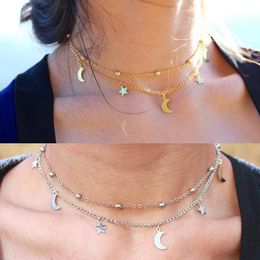 Pendant Necklaces Double Layer Moon Star Bead Necklace For Women Fashion Female Charms Alloy Metal Party Jewellery Chain Collar