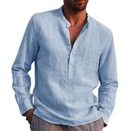 Men's T-Shirts 2021 Men Long Sleeve T-Shirt Linen Button Up Tops Summer Loose V-Neck Shirt Fashion Casual Male T Shirts