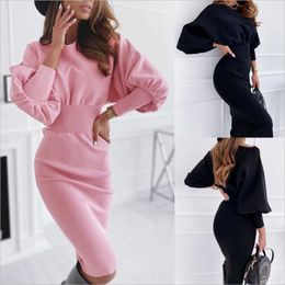 Pure Colour Round Neck Tighten Waist Package Hip Women's Sexy Dress Spring And Autumn Hedging Splice Slim Long Sleeve Women Casual Dresses