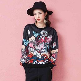 Spring Autumn Women Sweatshirts Streetwear Print Black Polyester O-Neck Pullovers Full Sleeve Casual Tops 210428