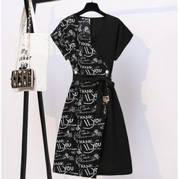 Female Black Letter Print Midi Dresses Women Summer Vintage Plus Size L-5XL Office Ladies Dress With Belt Elegant Party Vestidos 210325