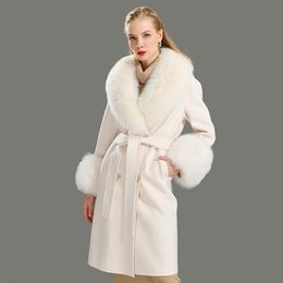 Wool Coat Women Pied De Poule Natural Fox Fur Collar Cashmere Wool Blends Long Outerwear Ladies Streetwear 2pcs