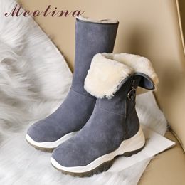 Genuine Leather Snow Boots Women Real Wool Fur Mid Calf Flat Platform Shoes Zip Female Warm Winter Black 40 210517