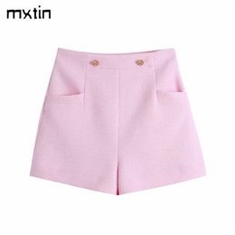 Women Vintage With Double Buttons Plaid Tweed Shorts Fashion Spring Pocket High Waist Side Zipper Female Skort Mujer 210722