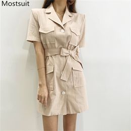 Summer Korean Single-breasted Mini Blazer Dress Women Short Sleeve Notched Collar Belted Dresses Office Solid Vestid 210513