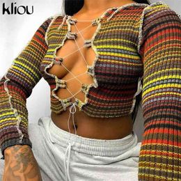 Kliou Ribbed Multi Print Patchwork Hollow Out T-shirts Women Autumn O-neck Lace Up Elastic Crop Tops Sexy Clubwear Female Tees 210324