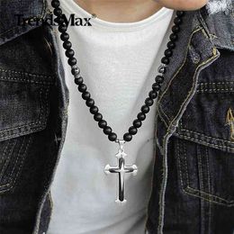 Trendsmax Matte Glass Beads Long Chain Necklace For Mens Black Cross Crucifix Pendant Religious Jewellery DN122 210721