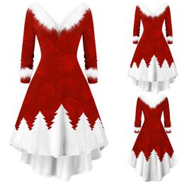 Casual Dresses Faux-Plüsch Panel Weihnachten Frauen Langarm V Collar Asymmetrische Parteikleid Robe de Cocktail Vintage