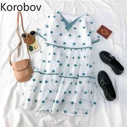 Korobov Women Dress Summer New Chic Sweet Polka Dot A-Line Dresses Preppy Style Elegant V Neck Short Sleeve Mesh Vestidos 210430
