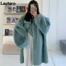 Lautaro Winter Long Oversized Warm Soft Fluffy Faux Fur Coat Women Drop Shoulder Long Sleeve Casual Loose Korean Fashion 211110