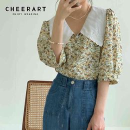 Vintage Chiffon Puff Sleeve Blouse Women Summer Korean Floral Top Peter Pan Collar Shirt Fashion Clothing 210427