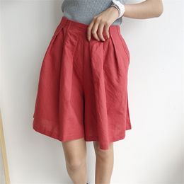 Johnature Women High Waist Shorts Elastic Waist Summer Casual Solid Colour Pockets Women Cloths Loose 4 Colour Shorts 210521