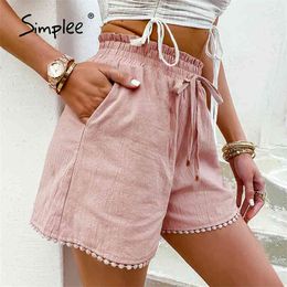 Elastic waist drawstring shorts Pocket dusty pink summer woman Causal loose lace hollow out side 210719