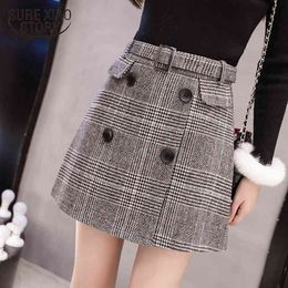 Feminine Plaid Skirt Colour Khaki with Button Mini Korean A-line Womens High Waist Woollen Sakirt 1916 50 210508