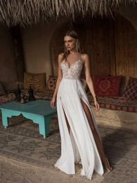 2021 Sexy A-line High Side Split Wedding Dresses Bridal Gowns Spaghetti Straps Lace Appliques Beaded Vestios De Novia Backless Chiffon Weddings Dress Custom