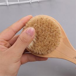 Dry Bath Body Brush Back Scrubber Anti-slip Short Wooden Handle Natural Bristles Shower Exfoliating Massager LLE11943