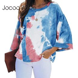 Casual Tie Dye Loose T Shirt 3/4 Sleeve O Neck Oversized Blouses Elegant Batwing Tops Vintage Harajuku 210428