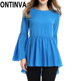 Clearance Women Fashion Blouse Flare Sleeve Silk Satin Summer Peplum Tops Blue Colour Ruffles Pleated Shirt Plus Size 210527