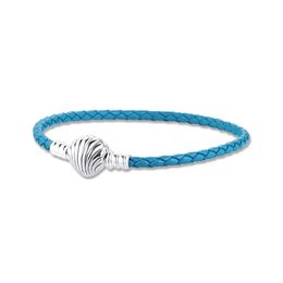 Moments Seashell Clasp Turquoise Leather Bracelet Women Silver 925 Jewellery 2020 Braided Rope Charms DIY Making