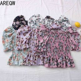 Spring Summer Sweet Versatile Floral Print Square Collar Pleated Slim Bubble Sleeve Short Shirt 210507