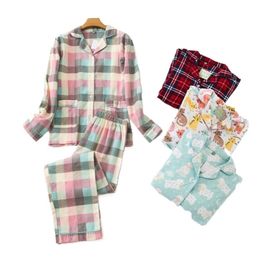 Dressing Gowns for Women Style Ladies Flannel Cotton Long-sleeved Trousers Home Suit Autumn Winter Plaid Korean Pajamas 211112