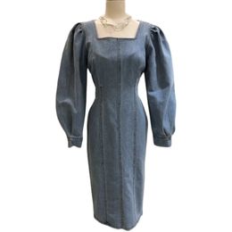 Spring Vintage Square Collar Empire Slim Fit Denim Dress Chic Puff Sleeve Femme Vestido Elegant Solid Woman Robe 210514