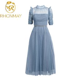 High Quality Mesh Runway Dress Summer Vintage Elegant O neck Blue Polka Dot Long es for Women With Beading Belt 210506