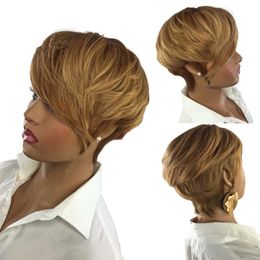 Honey Blonde Color Short Wavy Bob Pixie Cut Wig Full Hine Made Non Lace Human Hair Wigs for Black Woman Remy Brazilian Hairs