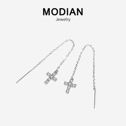 Försäljning Mode Charm Tro Drop Örhängen för Kvinnor Real 925 Sterling Silver Tassel Cross Earring Smycken 210707