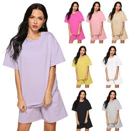 Summer Fashion Tracksuits Womens 2 Peices Set Leisure Outfits Cotton Oversized T-shirts High Waist Shorts Candy Colour Clothing