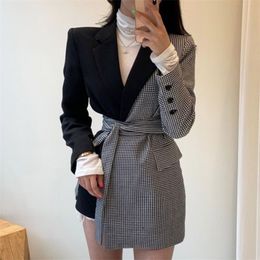 Autumn Winter Vintage Full Sleeve Plaid Stitching Irregular Straps Women Blazer Korea Style Loose Trend Coat QL884 210510