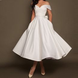 Elegant White Off the shoulder Prom Dress With Pockets Sleeveless Satin Bow Simple Party Graduation Homecoming Dress