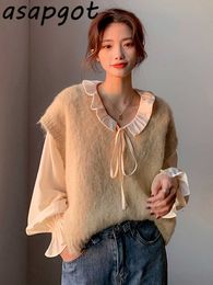 Sweet Cute Gentle Lace Up Peter Pan Collar Flare Sleeve Blouse Women Autumn Outfits Solid V Neck Sleeveless Sweater Vest Yellow 210610