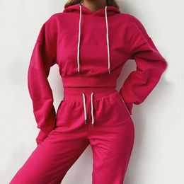 Fashion Women's Hoodies Suit Lace up Slim Drop Shoulder Sleeve Women's Suit Sports Pant and Short Crop Tops Jogging Set Autumn 210521