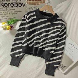 Korobov New Preppy Style Streetwear Striped Knit Pullovers Korean Turn-Down Collar Long Sleeve Crop Sweaters Vintage Jumper 210430